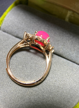 天然粉欧泊镶嵌925银戒指女款时尚活口指环玉石戒子