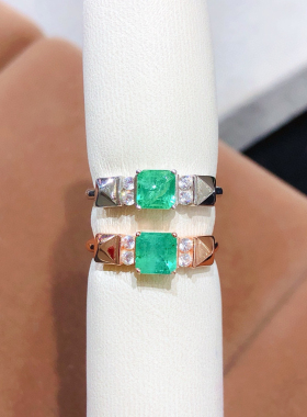 S925银镶天然祖母绿情侣戒指时尚精致男戒女戒活口 轻奢气质礼物