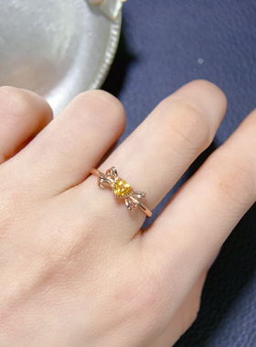 s925银戒指天然黄水晶蝴蝶结戒圈活口可调节镶嵌椭圆4mm