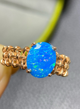 女新款戒指s925纯银大克拉天然澳洲蓝欧泊指环天然戒指