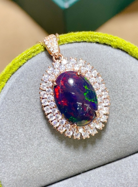 满火彩纯天然超美刻面黑欧泊吊坠 主石10*14mm 大颗粒天然黑欧泊