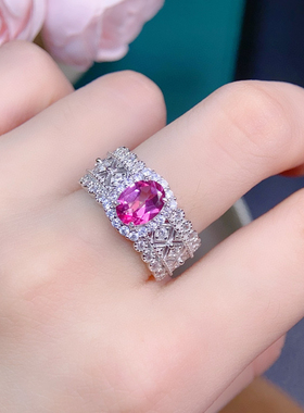 天然粉托帕戒指 精品粉托帕，晶体全净颜色太美了925银镀玫瑰金