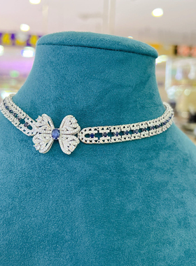 斯里兰卡轻奢新款精致优雅双层蝴蝶结甜美华丽风天然蓝宝石项链