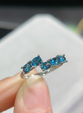 纯天然伦敦蓝托帕石戒指通透5A级宝石925银镶嵌厚重用银