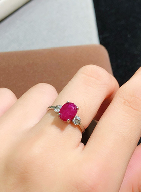 中国地质大学珠宝红宝石戒指 火彩爆闪6*8mms925银镶嵌天然