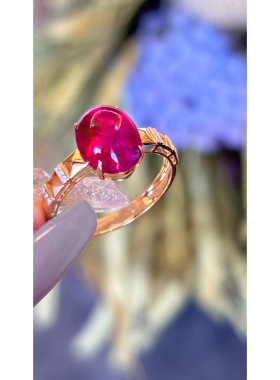 荧光体果冻感超美卢比莱碧玺戒指3.18克拉素面大漂亮18K金钻石