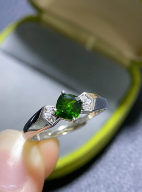 天然透辉石戒指女S925银时尚个性简约绿宝石开口指环韩版生日礼物