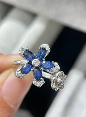 新款花戒超闪3*5mm天然蓝宝石女S925纯银时尚大气戒指坠