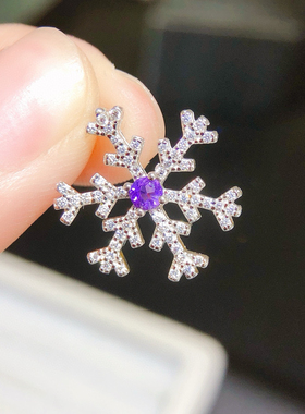 s925银雪花吊坠紫水晶圆形4*6mm时尚气质百搭镶嵌天然宝石可检测