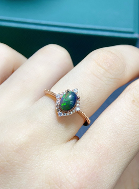 纯天然黑欧泊戒指925银镀K白金玫瑰金镶嵌5X7mm520礼物