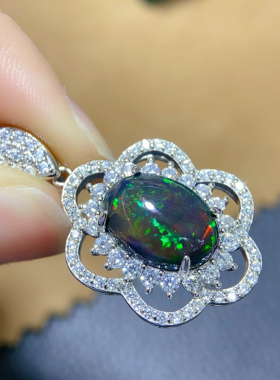 韩版大克拉澳洲黑欧泊吊坠项链女款925纯银带钻奢华银饰颈饰变彩