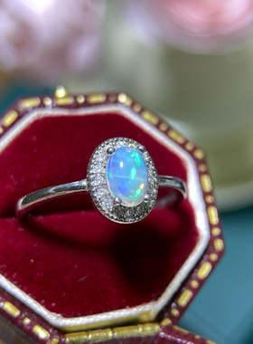 925银戒指欧泊椭圆形4*6mm镶嵌天然欧泊尺寸18k金戒托女