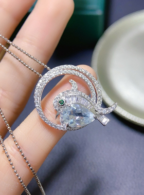 天然海蓝宝项链吊坠s925纯银镶嵌小鸟气质精致吊坠女耳饰网红潮