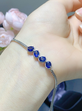 特惠天然蓝宝石手链 高净度满火彩4*5mm 925银镀白金色蓝宝手链