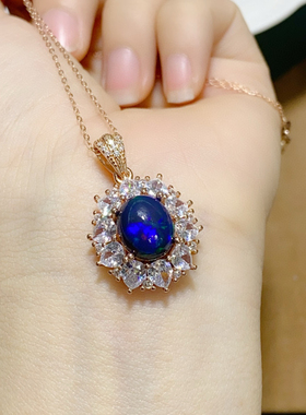 天然黑欧泊吊坠项链坠颜色十分浓郁国标银镶嵌电镀18k金吊坠