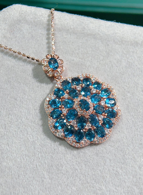 天然伦敦蓝托帕石吊坠 晶体全净火彩925银K金工艺精工镶嵌3*4MM