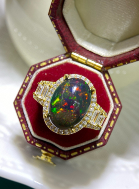 纯天然黑欧泊戒指925银镀18K玫瑰金镶嵌颜色搭配极美超赞火彩