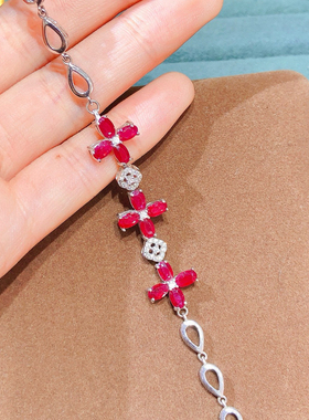 天然鸽血红宝石手链火彩闪耀颜色正 主石3*5mm s925纯银镶嵌