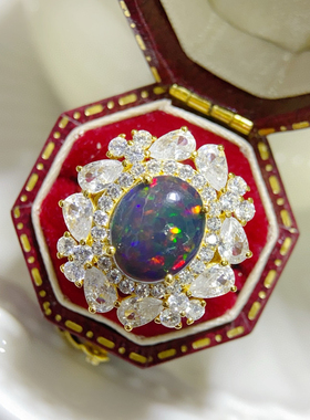 新款上新天然炫彩黑欧泊戒指满火彩9*11mm 925纯银精工镶嵌