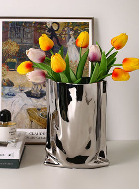 褶皱纸袋花瓶简约轻奢艺术创意银色电镀陶瓷装饰品高级感桌面摆件