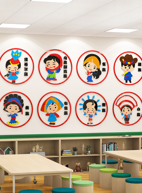 幼儿园传统文化墙中国少数56个民族服饰文化走廊教室墙面装饰墙贴