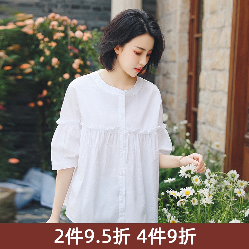 木耳边白衬衫女五分袖2022夏季新款韩版时尚宽松甜美圆领纯棉衬衣 - 图0