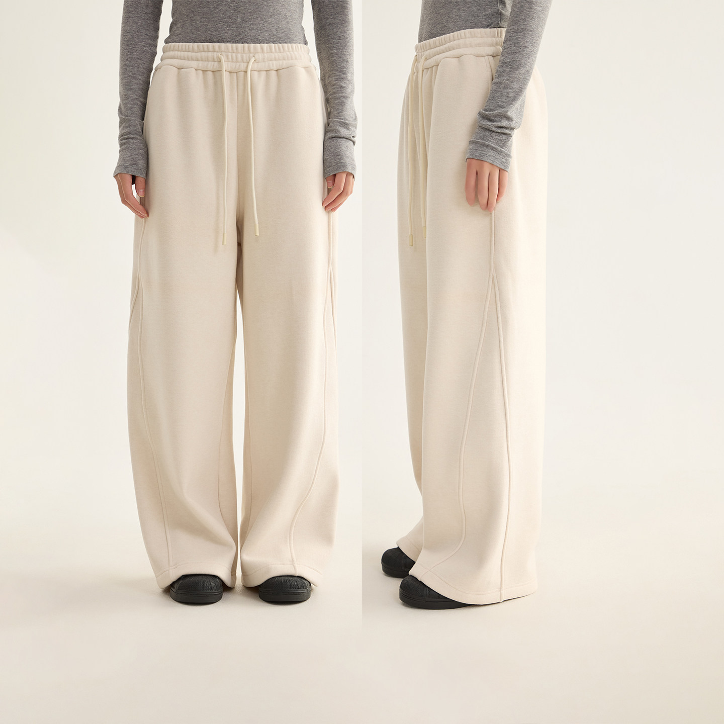 芙蕖FUXU 一件过冬 连帽拉链短卫衣松紧腰阔腿直筒长裤两件套装女