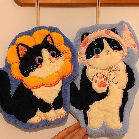 Cute Cat Hand Towel Hanging Water Absorbent Quick-Drying Cartoon Cute