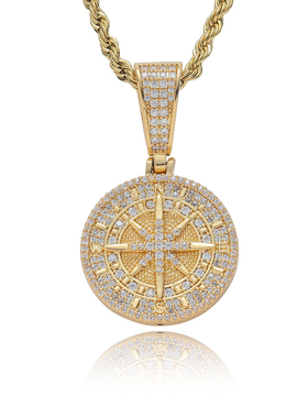 欧美满钻指南针罗盘吊坠男女嘻哈潮流小众设计高级感街头项链饰品
