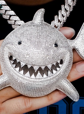 BLITZ BOY欧美6ix9ine同款大鲨鱼吊坠 嘻哈满钻锆石项链吊坠