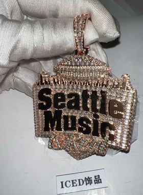 ICED饰品私人定制嘻哈字母汉堡银莫桑玫瑰金吊坠