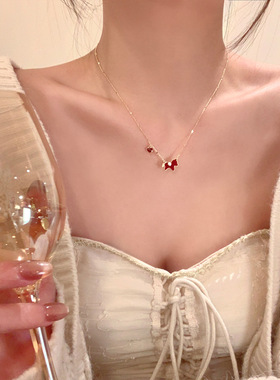 新年红色滴油金边小马项链女轻奢感锁骨链配饰气质毛衣链颈链