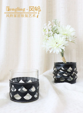 简约现代蓝色皮革鱼纹镂空花器样板间酒店玄关客厅家居软装