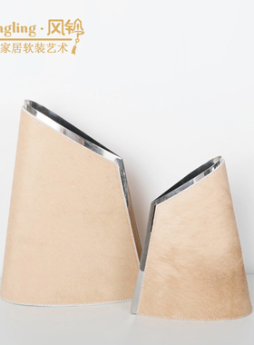 现代轻奢马毛皮革花器创意摆件样板间售楼处酒店会客厅摆设