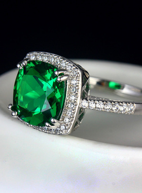 祖母绿戒指925纯银镶嵌方形彩色宝石碧玺色珠宝指环镀18K金时尚女