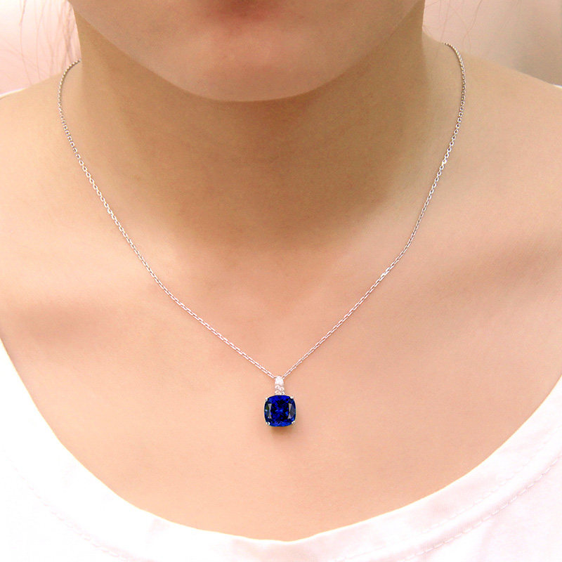 蓝宝石吊坠子925纯银镀18k金坦桑石色彩宝正方形彩色宝石项链女