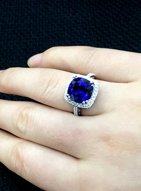 蓝宝石戒指925纯银镶嵌克拉方形彩宝坦桑色珠宝指环镀18K金女