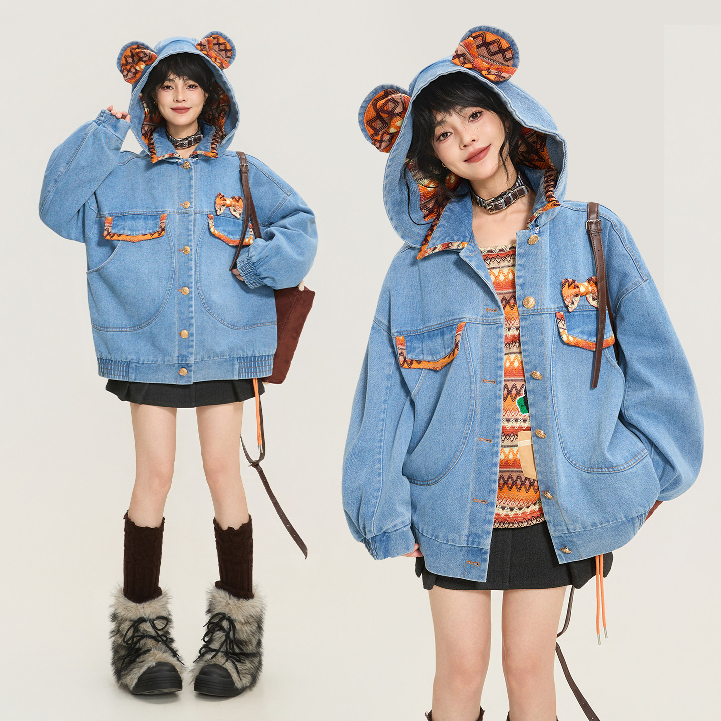 KEIKO [可卸连帽] 提花拼接牛仔外套25秋季慵懒廓形落肩夹克上衣,淘宝优惠券,粉丝福利购,淘宝优惠卷