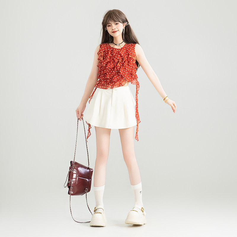 KEIKO法式褶花雪纺上衣女夏日穿搭套装波点无袖衬衫+半身裙两件套,淘宝优惠券,粉丝福利购,淘宝优惠卷