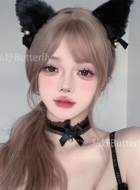 私妤：爆款可爱甜美猫耳兽耳头饰毛绒猫娘lolita发箍蝴蝶结项圈