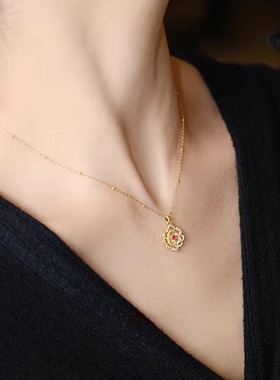 通体925纯银四合如意珐琅珍珠项链新中式锁骨链礼物古法金拉丝