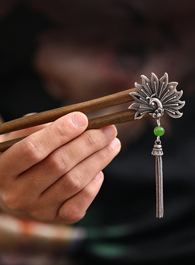 孔雀U型黑檀木发簪古风汉