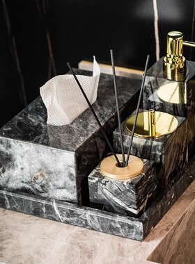 大理石洗漱收纳套装样板房浴室摆件酒店卫生间洗手台面高雅纸巾盒