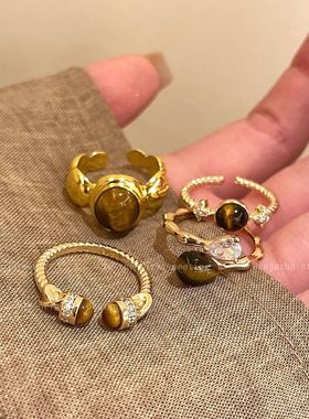 虎眼石戒小众咖色调节食指女高级