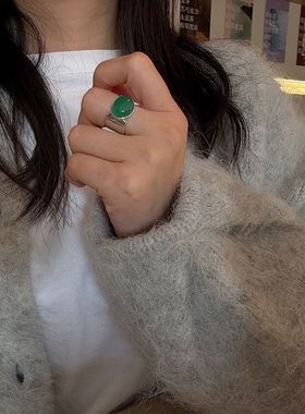 女玉髓925掉色戒指高级感轻奢绿