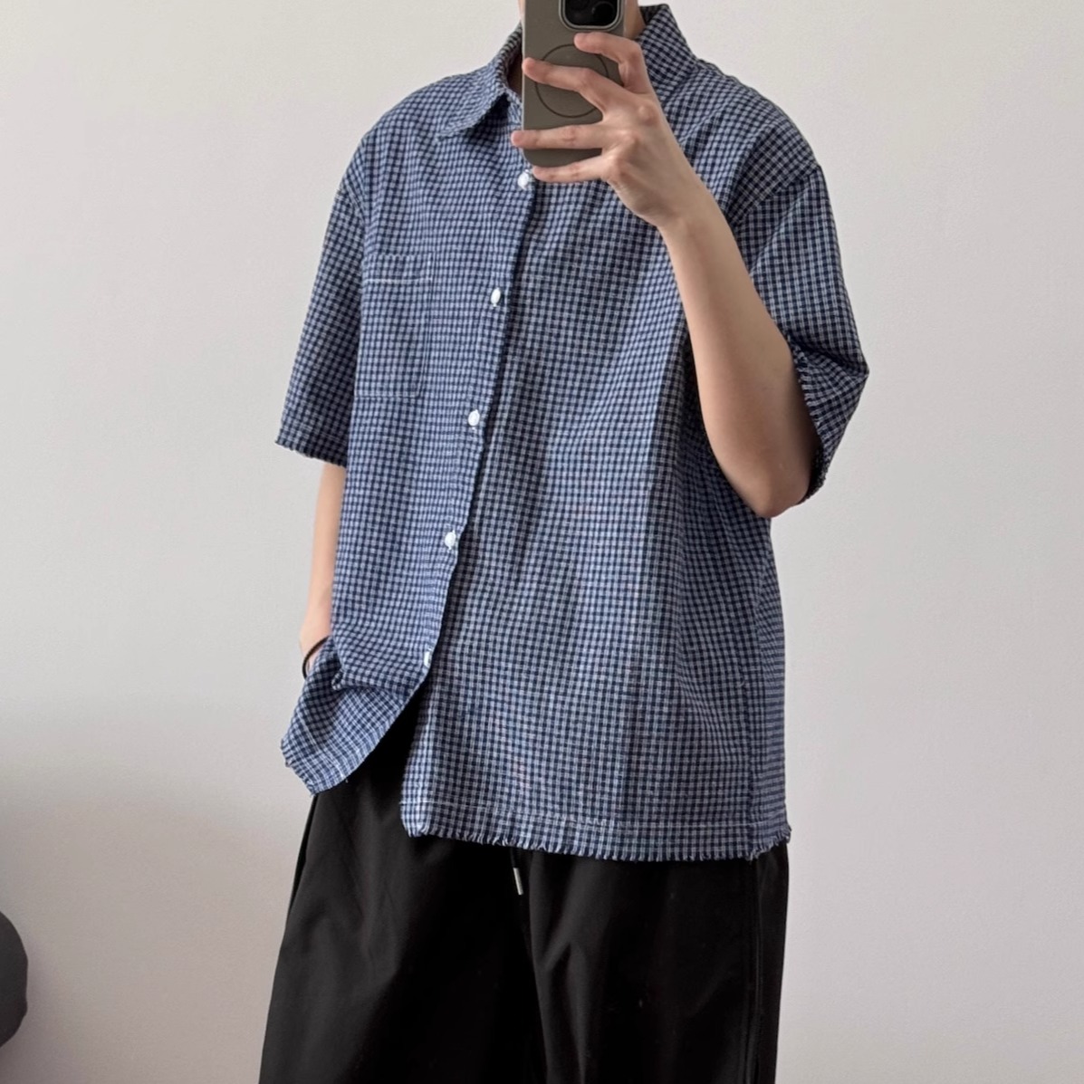 须边下摆cleanfit格子衬衫52054 夏季纯棉短袖设计感CCD自由商店 - 图3