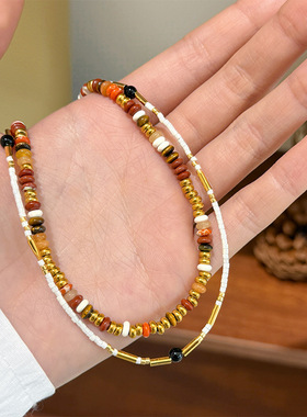 欧美复古简约美拉德天然石串珠项链轻奢高级感小众算盘珠锁骨链女