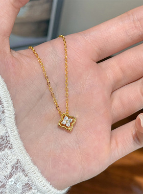 法式复古时尚简约百搭镂空锆石四叶草吊坠项链轻奢高级感锁骨链女