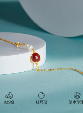 S925纯银天然淡水珍珠红玛瑙乒乓球拍手链女运动风轻奢精致手饰品