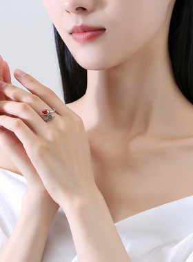 出芽玫瑰戒指女泰银做旧南红玛瑙玫瑰戒面指环复古花草纹路饰品